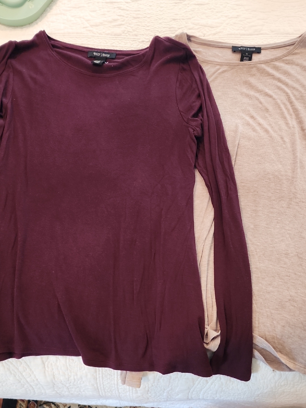 White House Black Market Long Sleeve Crewneck Top - Burgundy & Beige